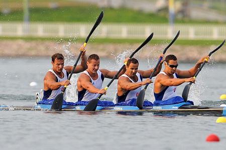 Juraj Tarr, Erik Vlček, Michal Riszdorfer, and Richard Riszdorfer (from left) on the water.