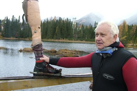 This artificial limb with a ski boot was planted in the lake as a joke.