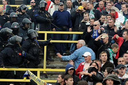 Police and fans confront each other in Dunajská Streda.