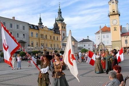 Entourages to King Mathias Corvinus and Queen Beatrix cross SNP Square celebrating the Central Slovak Museum. 