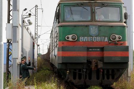 A Ukrainian train passes though the x-ray scanner at Maťovce.