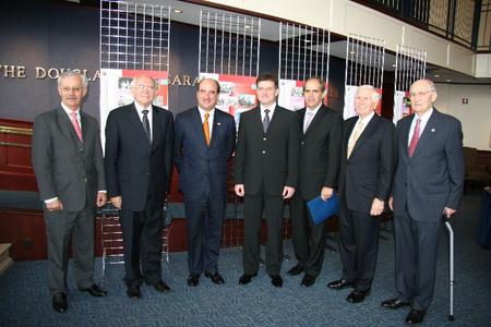 From left to right: Ambassadors Ralph R. Johnson, Branislav Lichardus and Rodolphe M. Vallee; Miroslav Lajčák; Ambassadors Peter Burian, Vincent Obsitnik and Theodore E. Russell. 