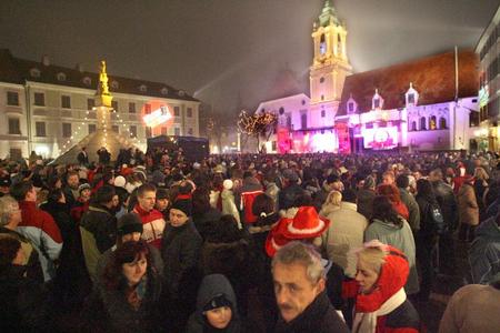 Revellers gathered in Bratislava's Main Square on New Year's Eve. 