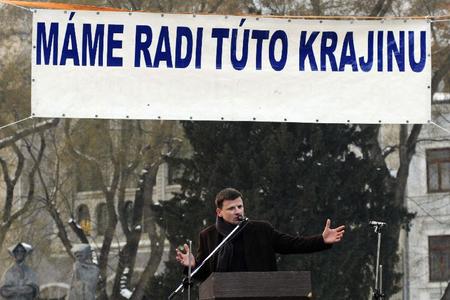 Alojz Hlina speaks to the crowd in Bratislava's SNP Square.