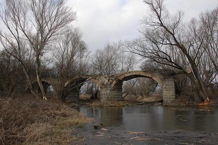 Remains of a bridge over the Morava River.