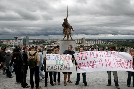 About 50 people gathered at a protest against violence, Fascism, neo-Nazism, and the spreading of ideas oppressing human rights.  