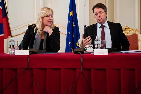 Iveta Radičová, pictured here with Ivan Mikloš, said further belt-tightening would not be at the expense of citizens. 