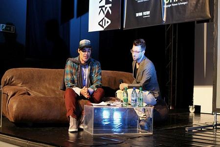 David LaChapelle (l) with Bruno Ciberej, host of the discussion at the Meteorit Theatre.