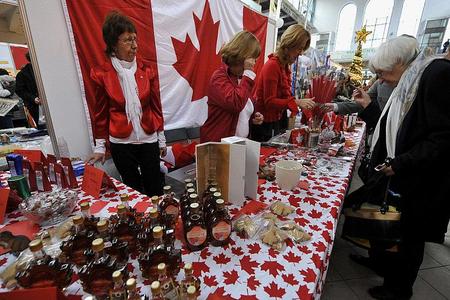 The Canadian kiosk offered Jars of maple syrup at the Christmas Bazaar. 