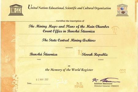 The certificate confirming the inscription on the UNESCO register. 