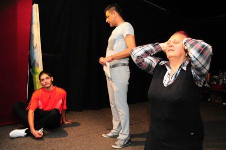 Rehearsal of the play Holocaust; director Marián Balog (C) instructs actress Magdaléna Adamová, playing a concentration-camp inmate made into victim of medical tests.