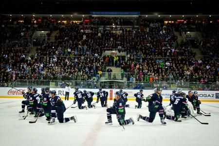 Slovan Bratislava team after the match with Russian Metallurg Magnitogorsk in the KHL ice-hockey league