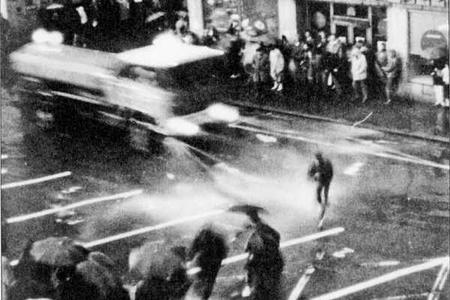 Police dispersed the crowd with water cannon in March 1988.