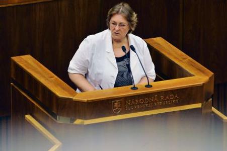 Jana Dubovcová speaking to a nearly empty hall.