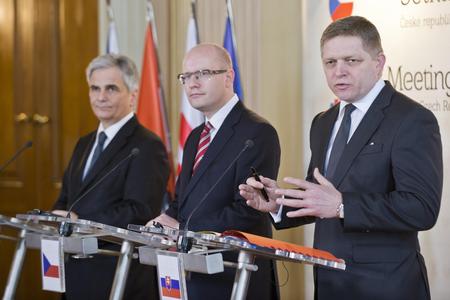 Austrian Chancellor Werner Faymann, Czech PM Bohuslav Sobotka and Slovak PM Robert Fico (from left).