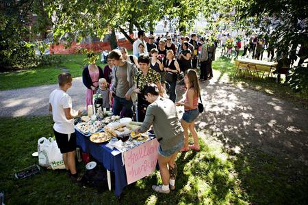 People queing for the vegan bakings of Kallion Herkut on the second Restaurant Day on August 21, 2011 in Helsinki Finland.