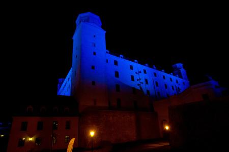 Bratislava Castle lit up in blue to mark the UN's 70th anniversary. 