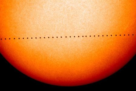 Image by NASA and the ESA's Solar and Heliospheric Observatory of an earlier (2006) Mercury transit.