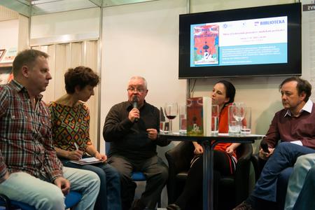 Eric Lane (third from left) and Peter Karpinský (first right) during a discussion at the Bibliotéka book fair.