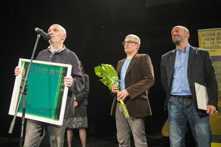 Members of the Skrat theatre (L-R) Ľubo Burgr, Milan Chalmovský and Vlado Zboroň receive Grand Prix for the best staging of New Drama 2016 