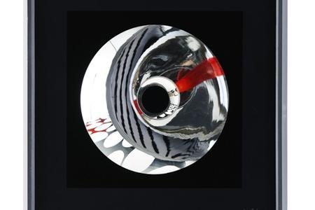 MILAN DOBEŠ: Kinetic Structure with Red Dot (1970), mixed media optical object, 50 by 50 by 10.5 cm
