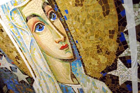 The portrait-mosaic of Saint Therese by Pierre Gaudin in the crypt of St Therese basilic in Lisieux renovated.