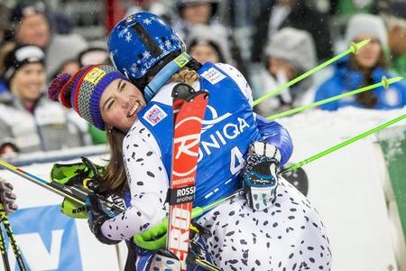 Veronika Velez-Zuzulová celebrates her victory with Petra Vlhová (L), who finished third. 