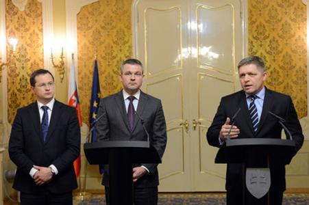 PM Robert Fico, Parliamentary Speaker Peter Pellegirni, and Education Minister Juraj Draxler (R-L) 