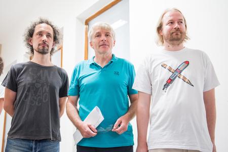 L-R Activists Vladimír Zvara (Initiative of University Teachers), Imrich Barák (Veda chce žiť! initiative)  and Vladimír Crmoman (Initiative of Slovak Teachers) during the briefing about intention to bereave €1 million of the SAV budget on July 21. 