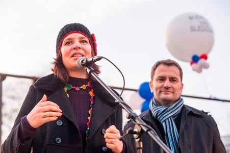 Blogger Veronika Remišová and OĽaNO chairman Igor Matovič at Friday 18 protest in Bratislava. 