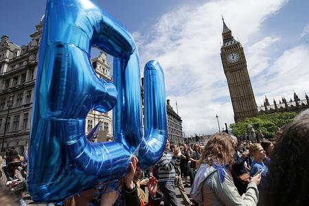 "Remain" supporters demonstrate in Parliament Square, London, on July 2, 2016.