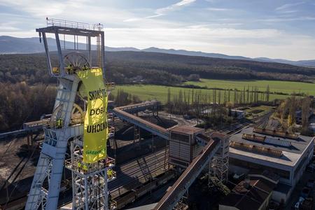 The banner Greenpeace activists placed on the Nováky mine tower.