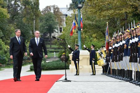 Slovak President Andrej Kiska (r) and his Romanian counterpart Klaus Iohannis (l)