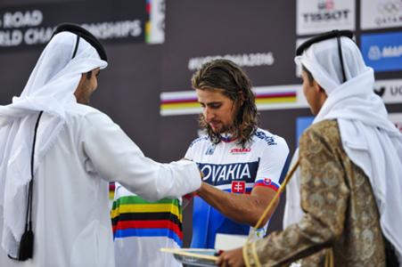 Peter Sagan receives golden medal in Doha, Qatar.