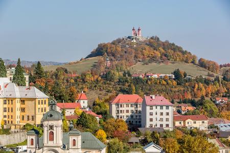 Banska Stiavnica with the Calvary on top of the hill above the town. 