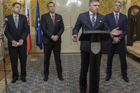 Finance Minister Peter Kažimír, Andrej Danko (SNS), PM Robert Fico (Smer) and Béla Bugár (Most-Híd), from left