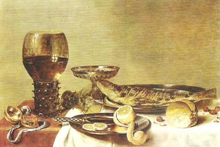 Food of ancestors was by no means dull; llustrative photo of Pieter Claesz's painting from 1635.