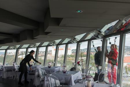 Walking outside the UFO restaurant 82 metres above the ground. 