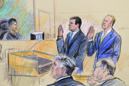 A court artist drawing shows President Donald Trump's former campaign chairman, Paul Manafort, center standing and Manafort's business associate, Rick Gates, in federal court in Washington, Monday, Oct. 30, 2017, before U.S. Magistrate Judge Deborah A. Robinson.