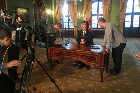 President Andrej Kiska prepares to record his New Year's address for the public-service RTVS.