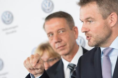 PM Peter Pellegrini and Ralf Sacht, chairman of the Board of Management at Volkswagen Slovakia, from right 