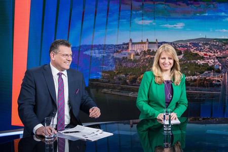 Zuzana Čaputová and Maroš Šefčovič in one of the debates organised by private broadcaster TV Markíza.