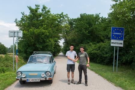 Chinese tourist Charlie (left) with Braňo Chrenka at the former Iron Curtain. 