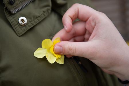 People show their support for cancer patients by wearing a yellow daffodil.