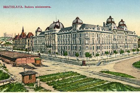The historical picture of the embankment of the Danube River in Bratislava.