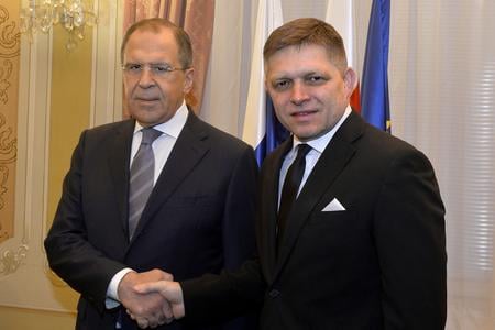 Lavrov (l) pictured with Fico, then prime minister, in Bratislava on April 4, 2015.