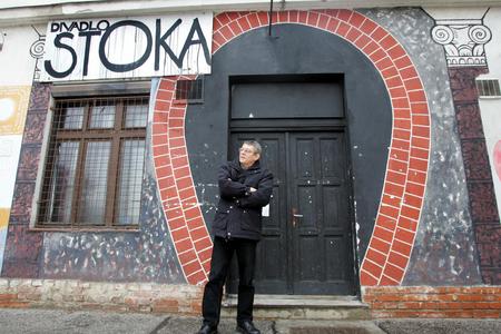 Blaho Uhlár, founder of the Stoka theatre, in front of the theatre in 2006. 
