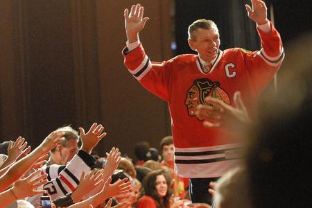 Stan Mikita arriving at regular meeting with Chicago Blackhawks fans, July 26, 2013.