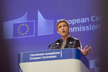 European Commissioner for Competition Margrethe Vestager speaks during a media conference regarding Gazprom at EU headquarters in Brussels on March 13.