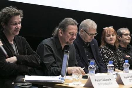 The press conference shows script-writer Marek Leščák, dramaturgist Miroslav Ulman, LITA board member Mirka Brezovská and producer Marián Urban.